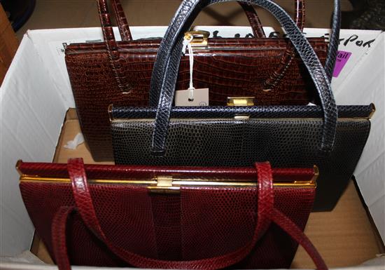 Mappin & Webb black snakeskin handbag (label to interior), a similar red handbag & an Eros crocodile handbag (3)